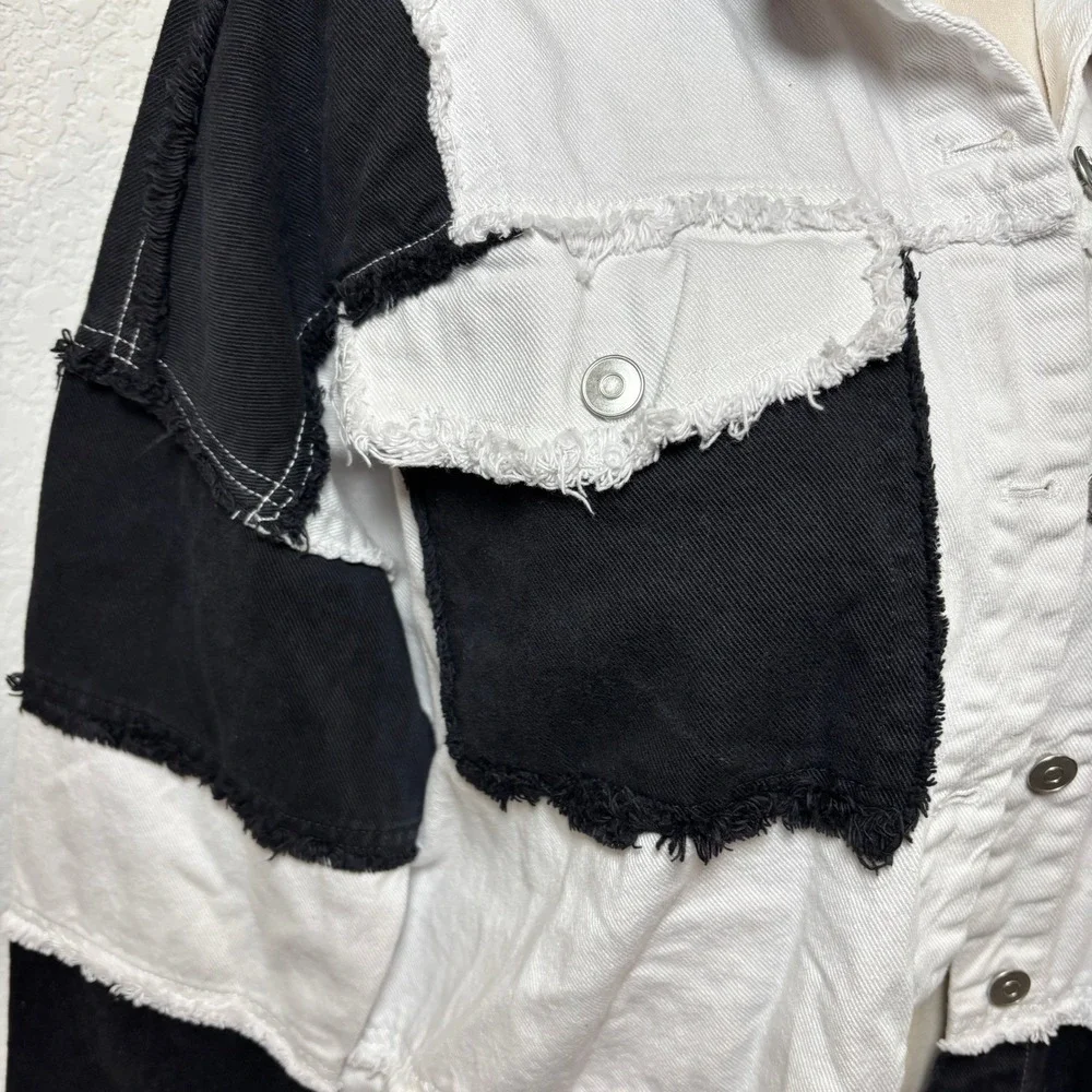 Black White‎ Fringed Patchwork Denim Grunge Jacket Raw Hem Shacket Size M